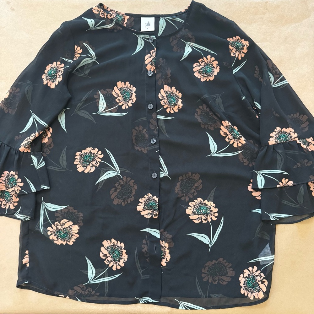 CAbi Black Shear Peach Floral Print Button Down Blouse Size Medium